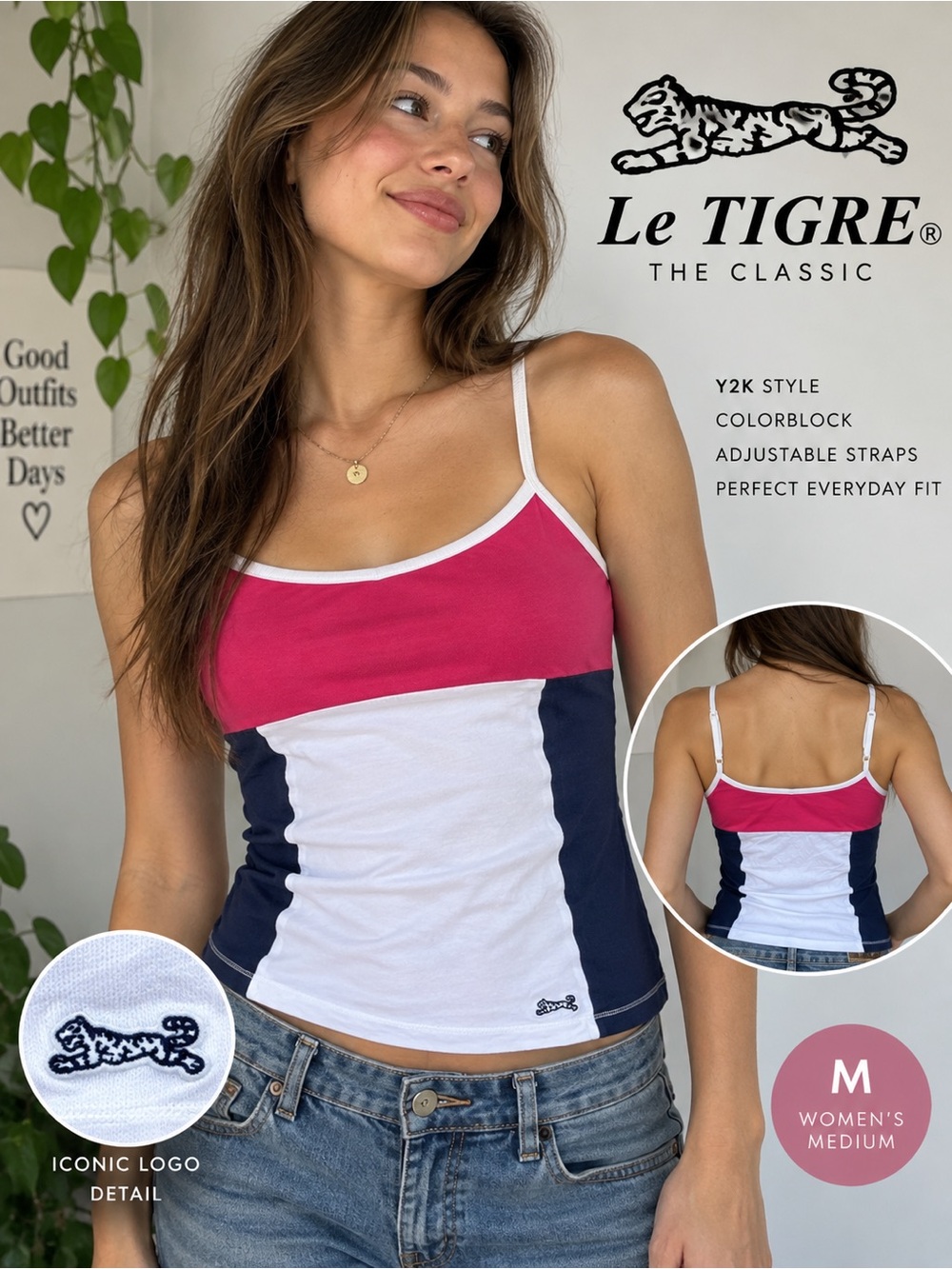 Le Tigre The Classic Tank Top Women’s M Pink Navy White Colorblock Y2K